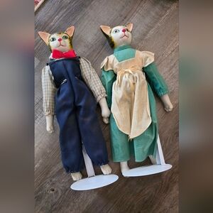Vintage Cat Doll Porcelain Pair in Green and Blue Outfits